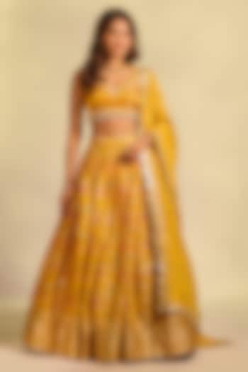 Mustard Yellow Brocade Hand Embellished Wedding Lehenga Set by AJAY & PRIYANKA at Pernia's Pop Up Shop
