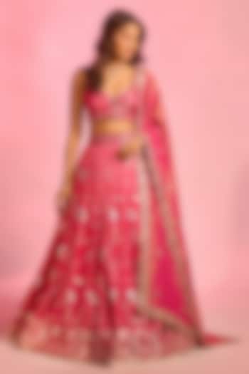 Rani Pink Brocade Hand Embellished Wedding Lehenga Set by AJAY & PRIYANKA at Pernia's Pop Up Shop