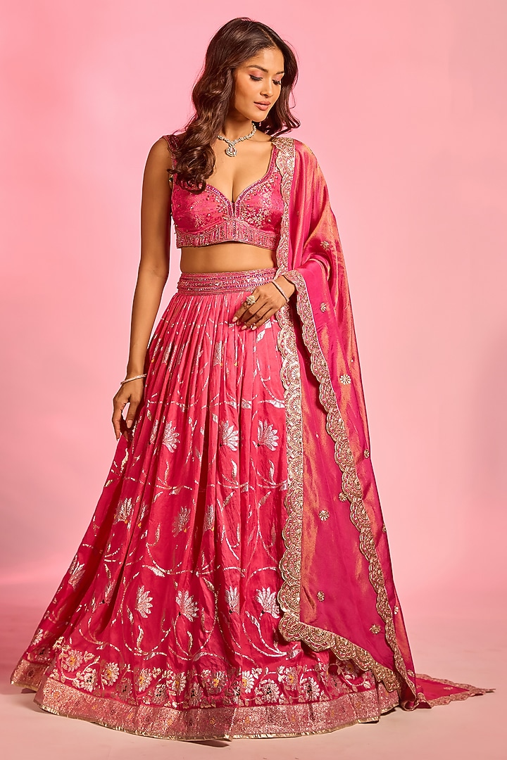 Rani Pink Brocade Hand Embellished Wedding Lehenga Set by AJAY & PRIYANKA at Pernia's Pop Up Shop