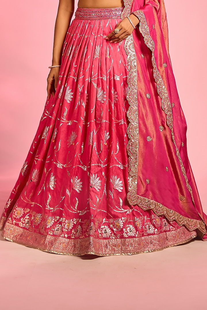 Rani Pink Brocade Hand Embellished Wedding Lehenga Set by AJAY & PRIYANKA at Pernia's Pop Up Shop