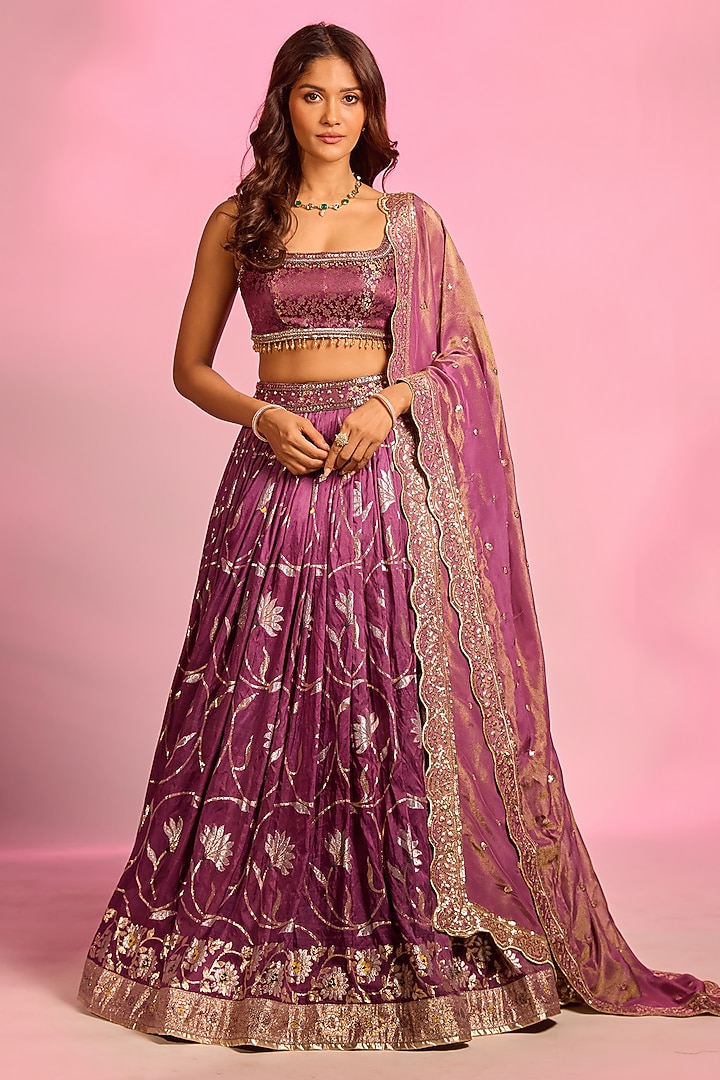 Purple Brocade Hand Embellished Wedding Lehenga Set by AJAY & PRIYANKA at Pernia's Pop Up Shop