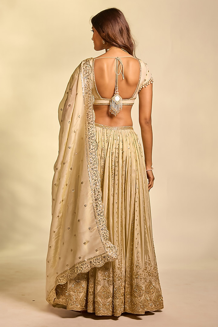 Gold Tissue Hand Embellished Wedding Lehenga Set by AJAY & PRIYANKA at Pernia's Pop Up Shop
