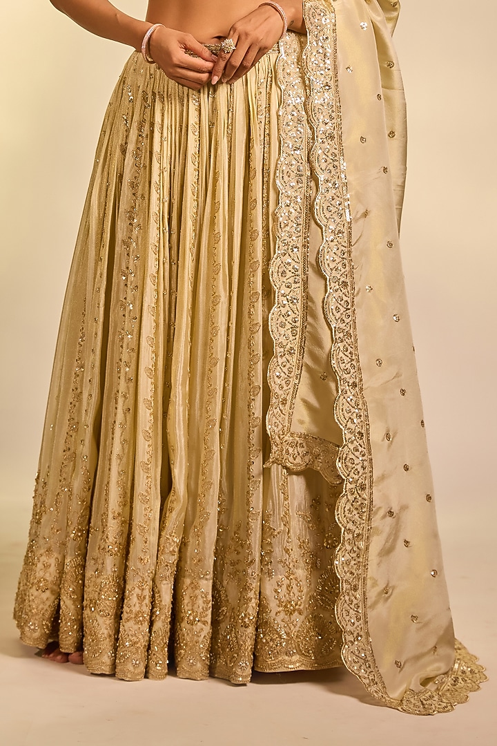 Gold Tissue Hand Embellished Wedding Lehenga Set by AJAY & PRIYANKA at Pernia's Pop Up Shop