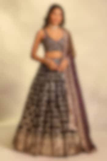 Black Brocade Hand Embellished Wedding Lehenga Set by AJAY & PRIYANKA at Pernia's Pop Up Shop
