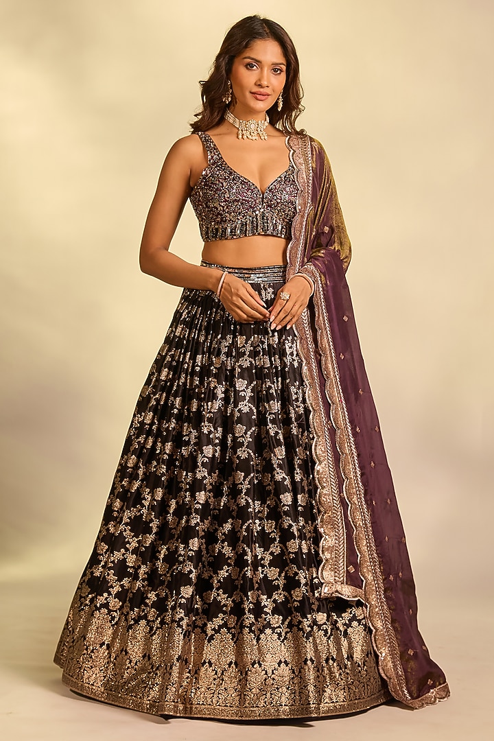 Black Brocade Hand Embellished Wedding Lehenga Set by AJAY & PRIYANKA at Pernia's Pop Up Shop