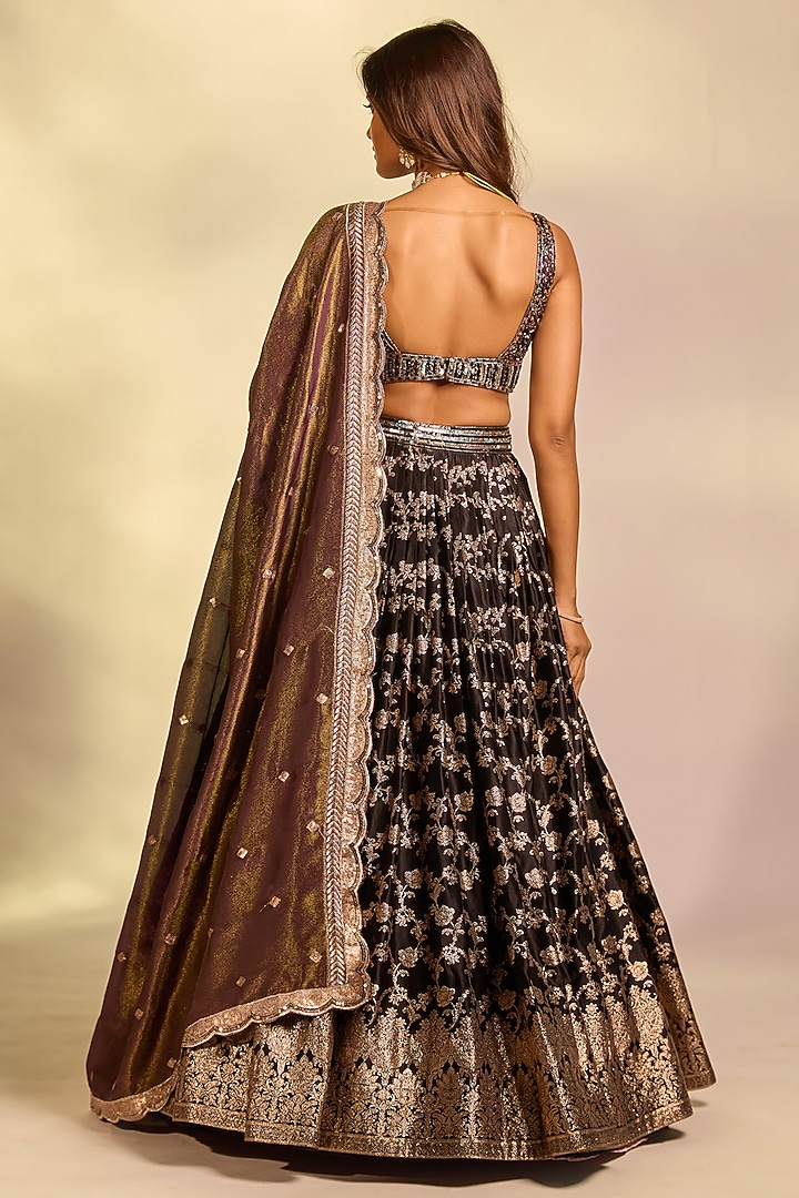 Black Brocade Hand Embellished Wedding Lehenga Set by AJAY & PRIYANKA at Pernia's Pop Up Shop