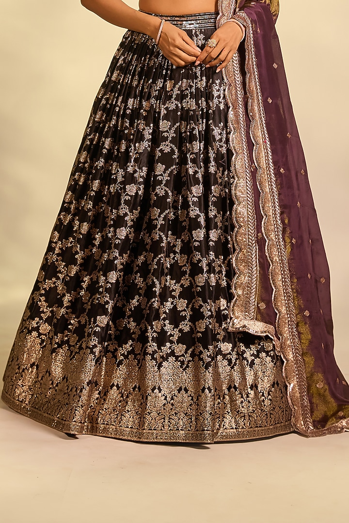Black Brocade Hand Embellished Wedding Lehenga Set by AJAY & PRIYANKA at Pernia's Pop Up Shop