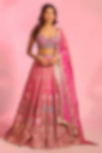 Rani Pink Brocade Zardosi Hand Embellished Wedding Lehenga Set by AJAY & PRIYANKA at Pernia's Pop Up Shop