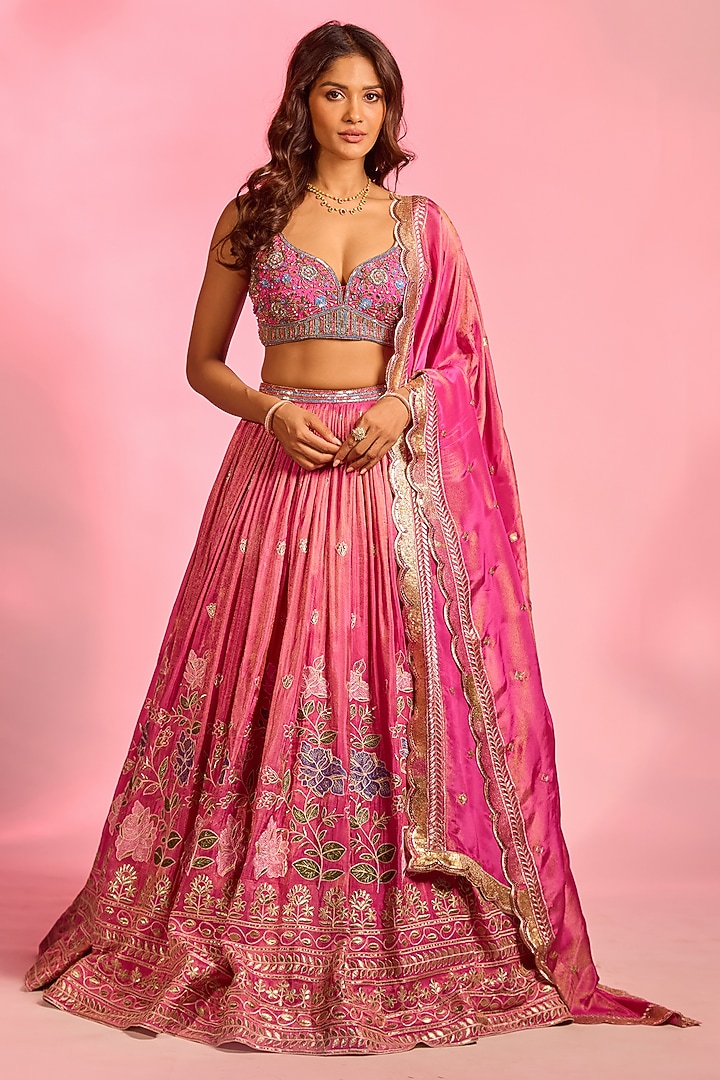 Rani Pink Brocade Zardosi Hand Embellished Wedding Lehenga Set by AJAY & PRIYANKA at Pernia's Pop Up Shop