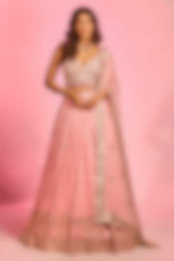 Pink Brocade Zardosi Hand Embellished Wedding Lehenga Set by AJAY & PRIYANKA at Pernia's Pop Up Shop