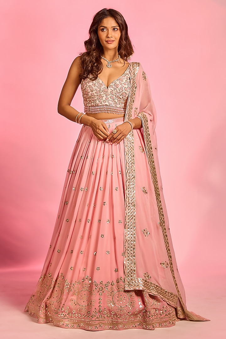 Pink Brocade Zardosi Hand Embellished Wedding Lehenga Set by AJAY & PRIYANKA at Pernia's Pop Up Shop