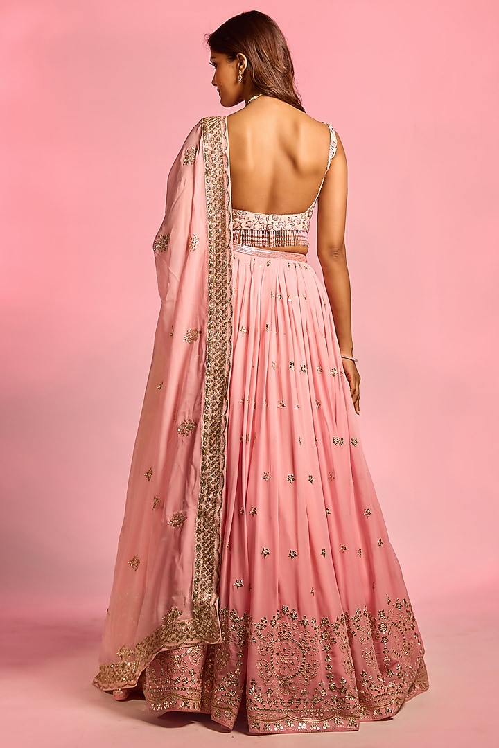 Pink Brocade Zardosi Hand Embellished Wedding Lehenga Set by AJAY & PRIYANKA at Pernia's Pop Up Shop