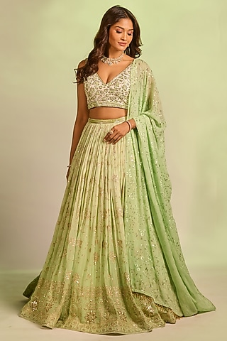 Lemon Green Brocade Zardosi Hand Embellished Lehenga Set by AJAY & PRIYANKA