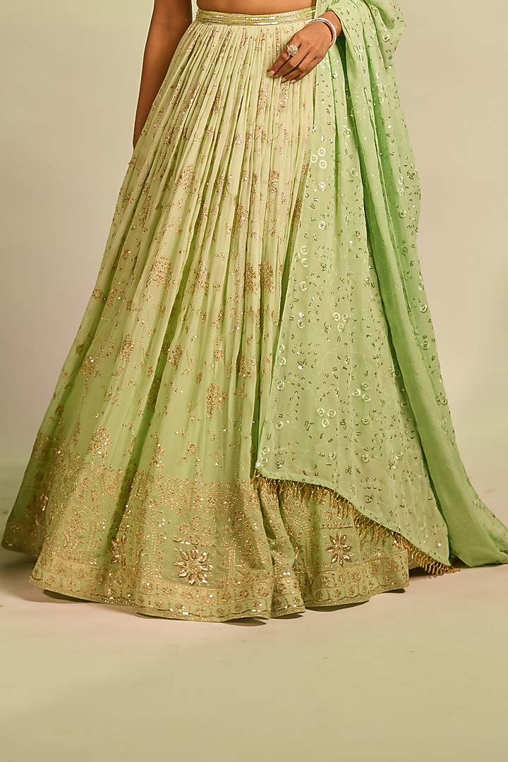 Lemon Green Brocade Zardosi Hand Embellished Wedding Lehenga Set by AJAY & PRIYANKA at Pernia's Pop Up Shop