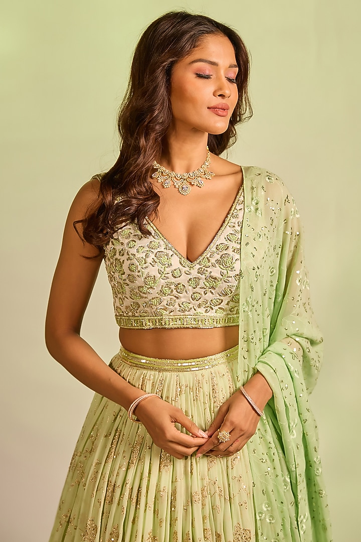 Lemon Green Brocade Zardosi Hand Embellished Wedding Lehenga Set by AJAY & PRIYANKA at Pernia's Pop Up Shop