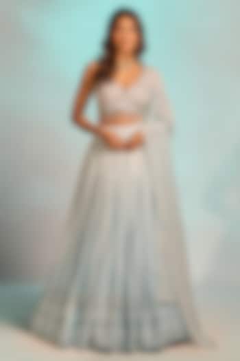 Powder Blue Brocade Zardosi Hand Embellished Wedding Lehenga Set by AJAY & PRIYANKA at Pernia's Pop Up Shop