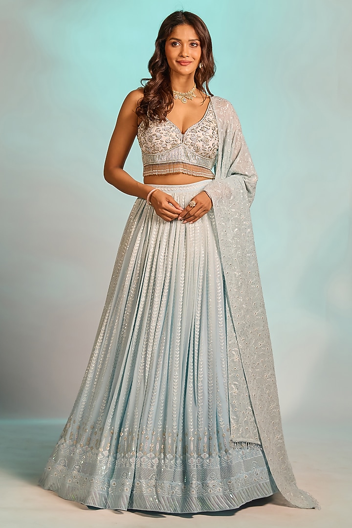 Powder Blue Brocade Zardosi Hand Embellished Wedding Lehenga Set by AJAY & PRIYANKA at Pernia's Pop Up Shop