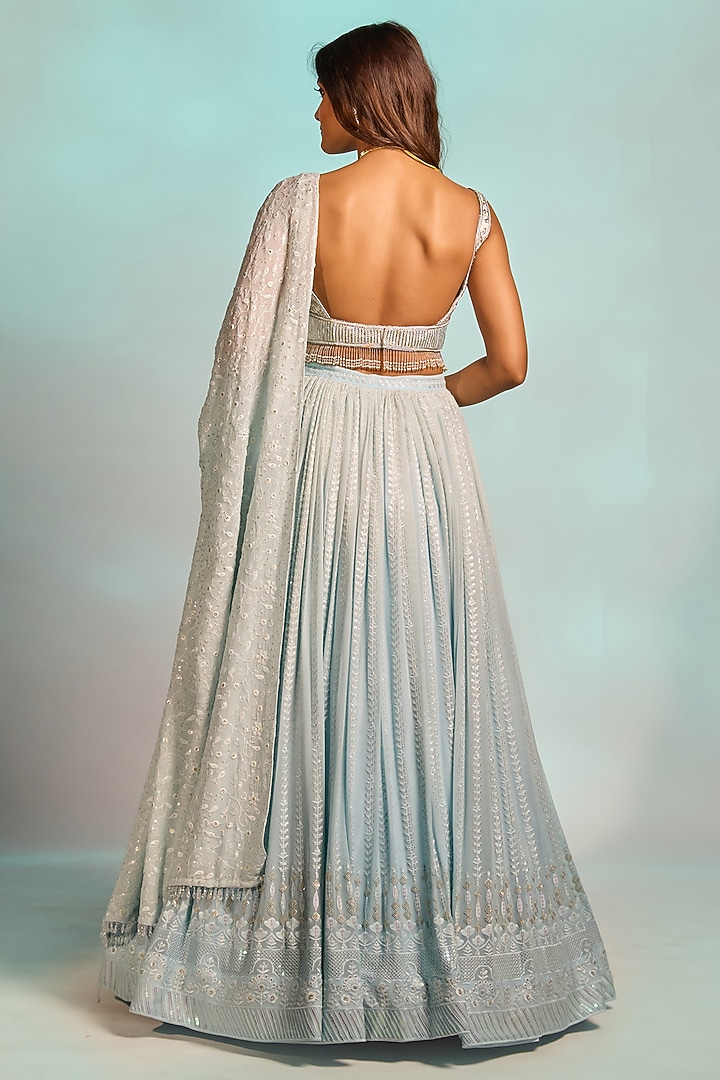 Powder Blue Brocade Zardosi Hand Embellished Wedding Lehenga Set by AJAY & PRIYANKA at Pernia's Pop Up Shop