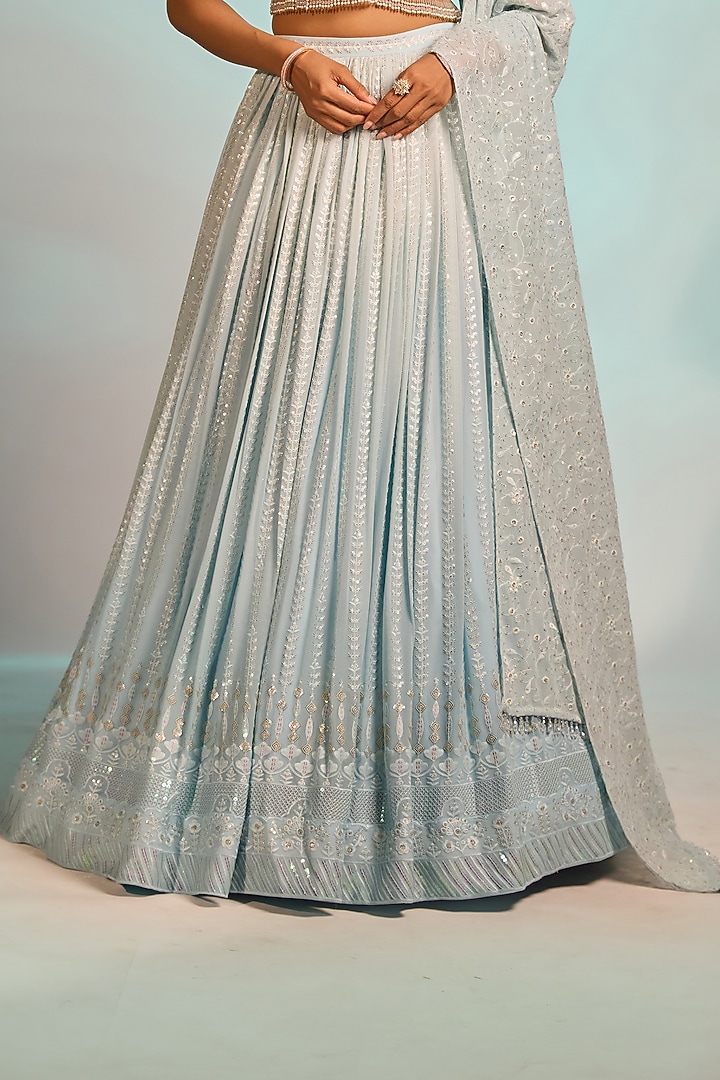 Powder Blue Brocade Zardosi Hand Embellished Wedding Lehenga Set by AJAY & PRIYANKA at Pernia's Pop Up Shop
