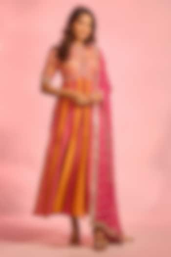 Orange & Pink Brocade Zardosi Hand Embellished Anarkali Set by AJAY & PRIYANKA at Pernia's Pop Up Shop