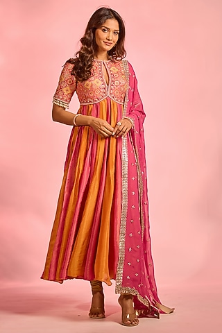 Orange & Pink Brocade Zardosi Hand Embellished Anarkali Set by AJAY & PRIYANKA