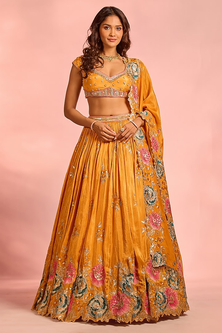 Orange Brocade Zardosi Hand Embellished Wedding Lehenga Set by AJAY & PRIYANKA at Pernia's Pop Up Shop