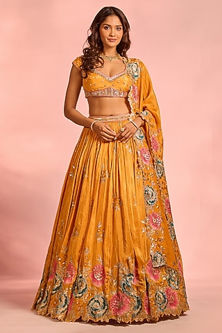 Orange Brocade Zardosi Hand Embellished Lehenga Set by AJAY & PRIYANKA