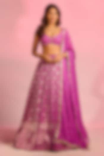 Purple Brocade Zardosi Hand Embellished Wedding Lehenga Set by AJAY & PRIYANKA at Pernia's Pop Up Shop
