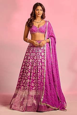 Purple Brocade Zardosi Hand Embellished Lehenga Set by AJAY & PRIYANKA