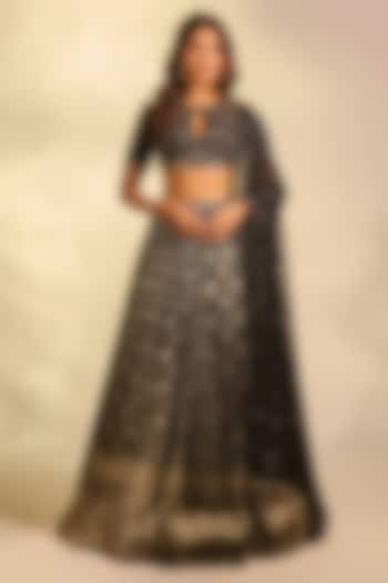 Black Brocade Zardosi Hand Embellished Wedding Lehenga Set by AJAY & PRIYANKA at Pernia's Pop Up Shop
