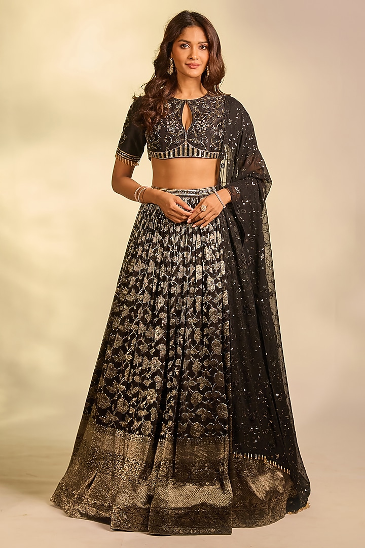 Black Brocade Zardosi Hand Embellished Wedding Lehenga Set by AJAY & PRIYANKA at Pernia's Pop Up Shop