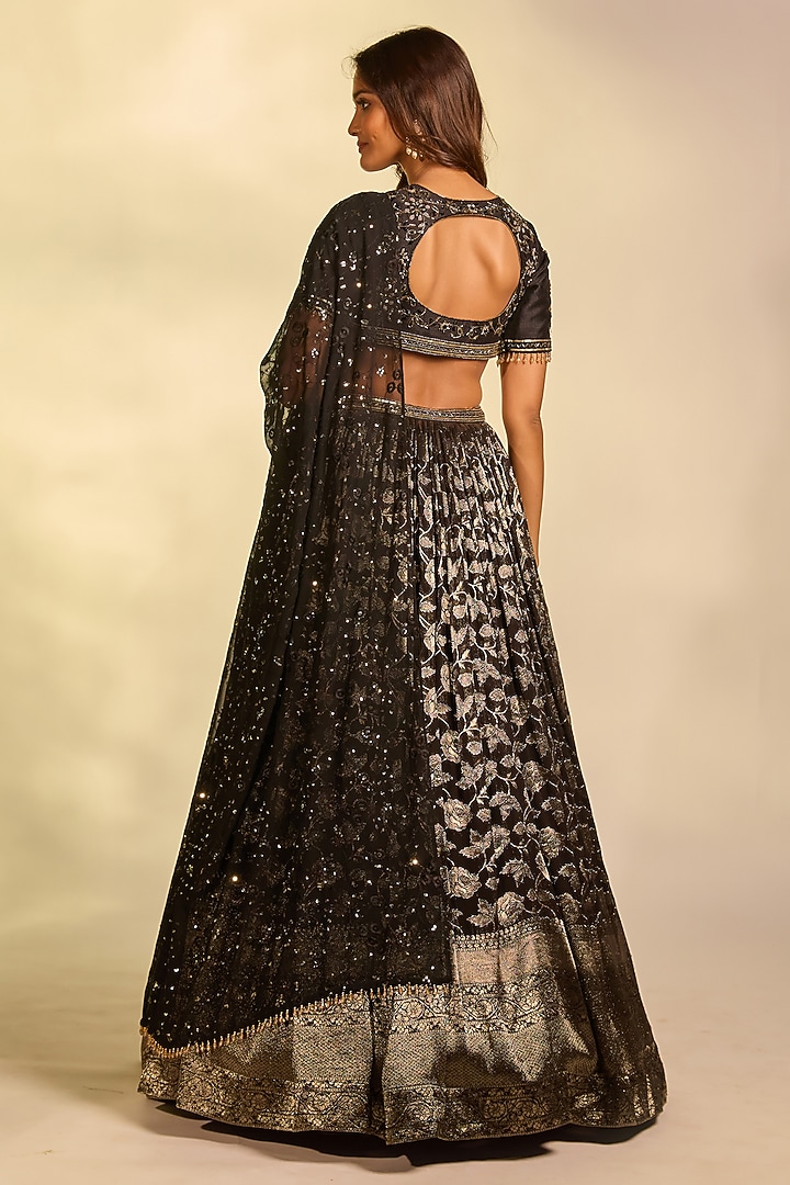 Black Brocade Zardosi Hand Embellished Wedding Lehenga Set by AJAY & PRIYANKA at Pernia's Pop Up Shop