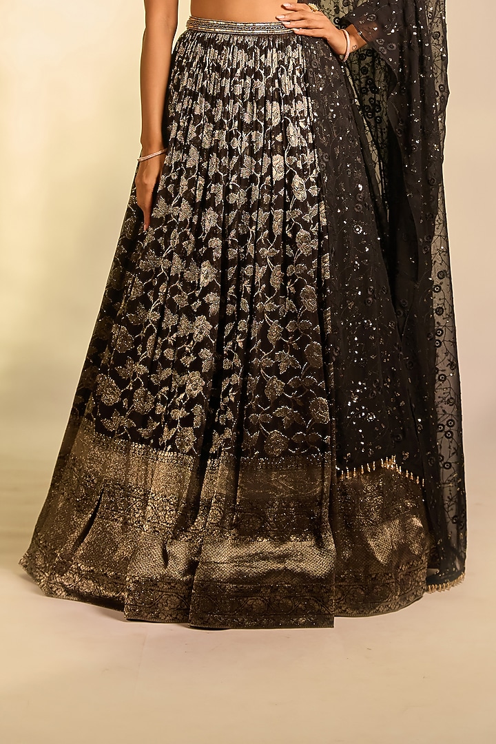 Black Brocade Zardosi Hand Embellished Wedding Lehenga Set by AJAY & PRIYANKA at Pernia's Pop Up Shop