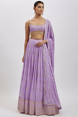 Lavender Georgette Hand Embellished Lehenga Set by AJAY & PRIYANKA