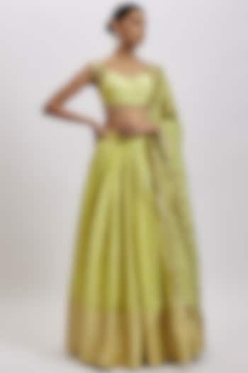 Lemon Yellow Silk Brocade Hand Embellished Wedding Lehenga Set by AJAY & PRIYANKA at Pernia's Pop Up Shop