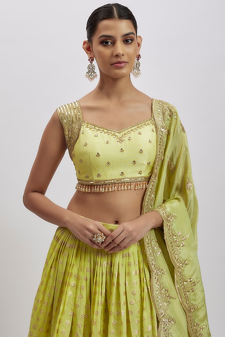 Lemon Yellow Silk Brocade Hand Embellished Wedding Lehenga Set by AJAY & PRIYANKA at Pernia's Pop Up Shop