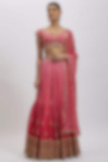 Carrot Pink Silk Brocade Hand Embellished Wedding Lehenga Set by AJAY & PRIYANKA at Pernia's Pop Up Shop