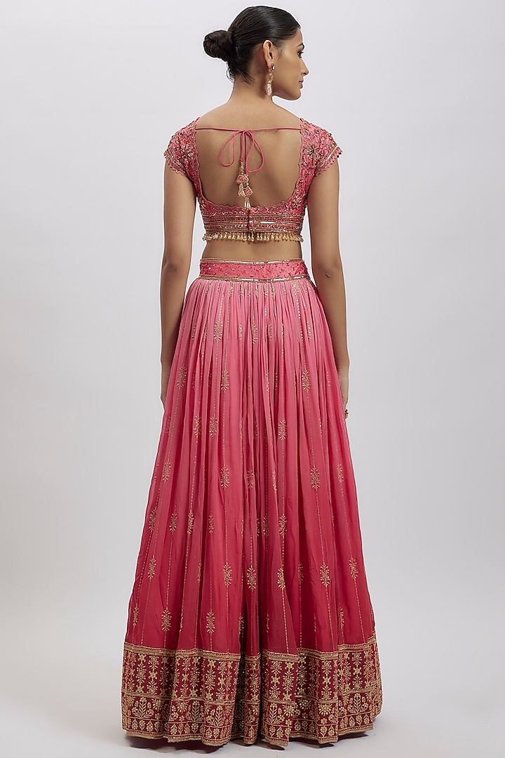 Carrot Pink Silk Brocade Hand Embellished Wedding Lehenga Set by AJAY & PRIYANKA at Pernia's Pop Up Shop