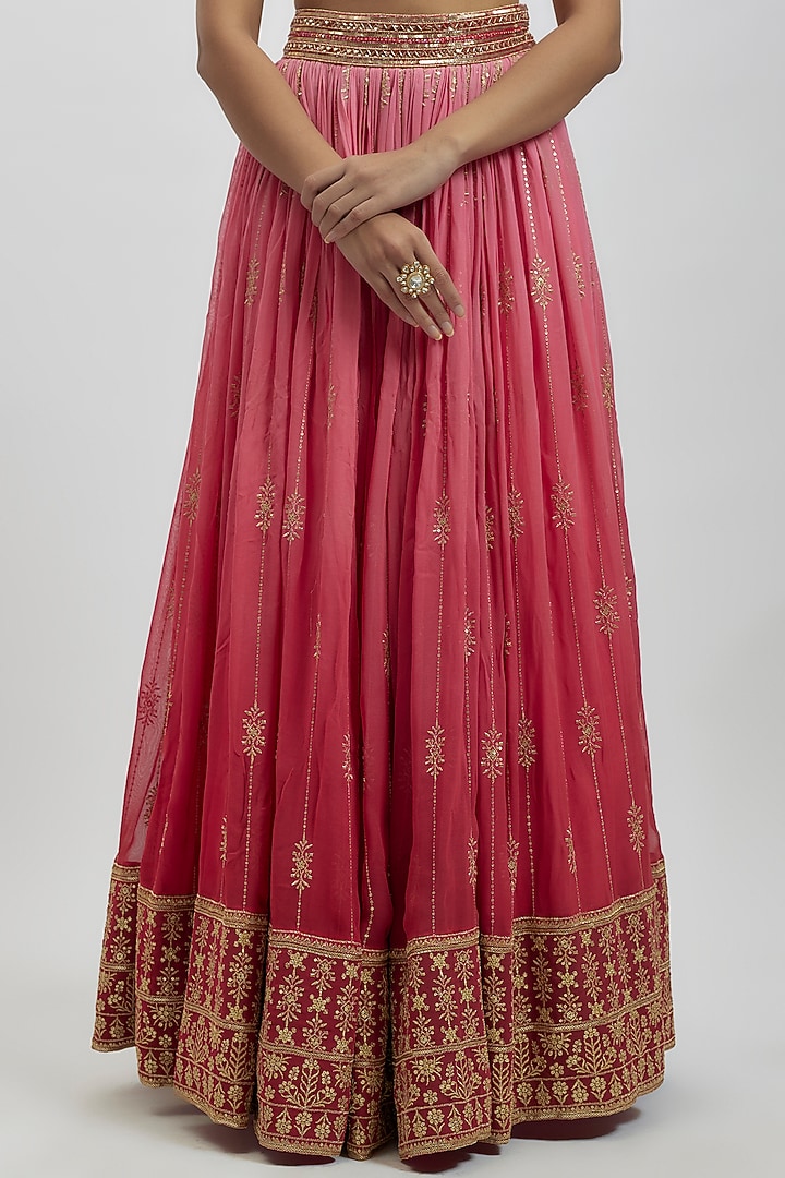 Carrot Pink Silk Brocade Hand Embellished Wedding Lehenga Set by AJAY & PRIYANKA at Pernia's Pop Up Shop