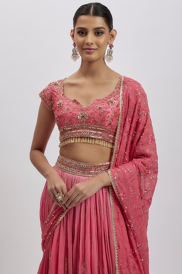 Carrot Pink Silk Brocade Hand Embellished Wedding Lehenga Set by AJAY & PRIYANKA at Pernia's Pop Up Shop