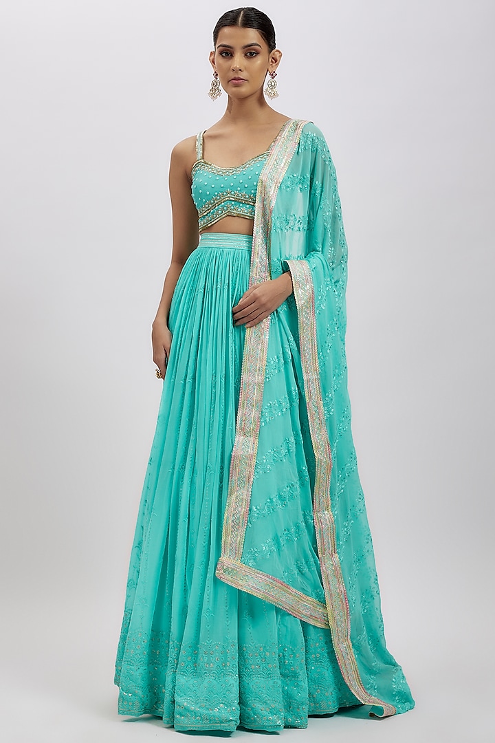 Sea Blue Georgette Hand Embellished Wedding Lehenga Set by AJAY & PRIYANKA at Pernia's Pop Up Shop