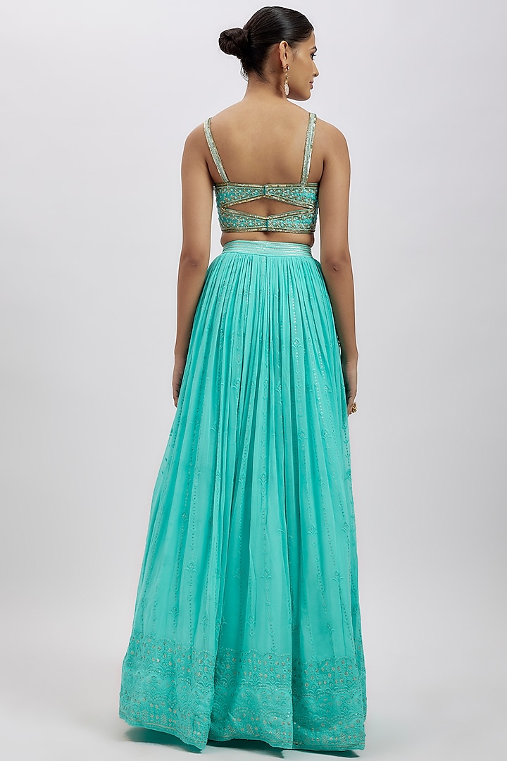 Sea Blue Georgette Hand Embellished Wedding Lehenga Set by AJAY & PRIYANKA at Pernia's Pop Up Shop