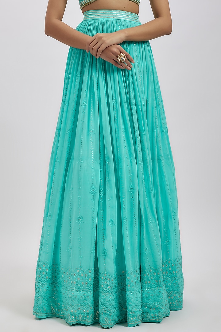 Sea Blue Georgette Hand Embellished Wedding Lehenga Set by AJAY & PRIYANKA at Pernia's Pop Up Shop