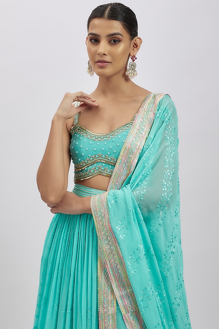 Sea Blue Georgette Hand Embellished Wedding Lehenga Set by AJAY & PRIYANKA at Pernia's Pop Up Shop
