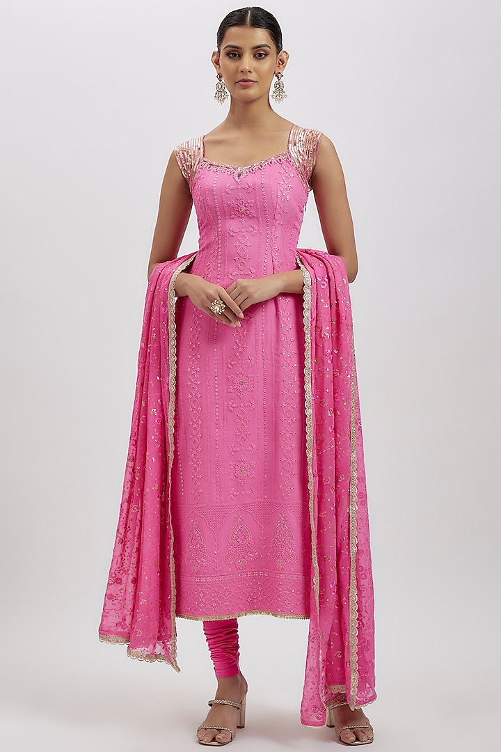 Pink Georgette Hand Embellished Kurta Set by AJAY & PRIYANKA at Pernia's Pop Up Shop