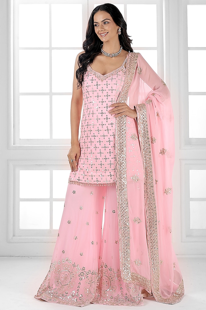 Baby Pink Georgette Cutdana Embellished Party Wear Sharara Set by AJAY & PRIYANKA at Pernia's Pop Up Shop
