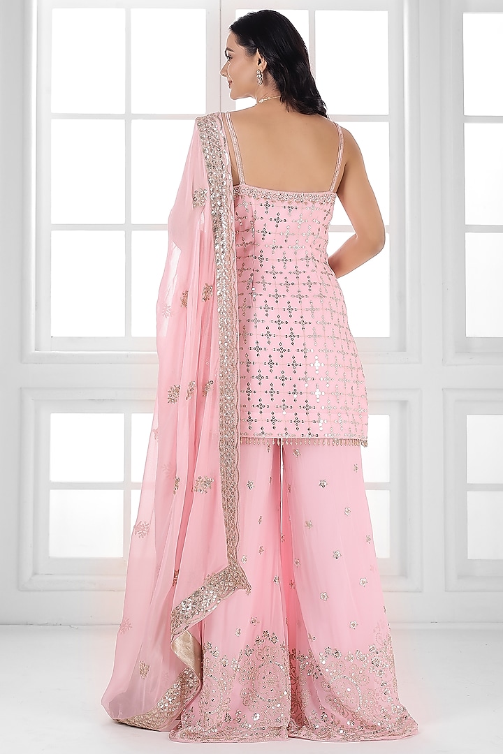 Baby Pink Georgette Cutdana Embellished Party Wear Sharara Set by AJAY & PRIYANKA at Pernia's Pop Up Shop