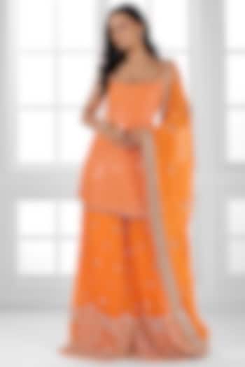 Orange Georgette Cutdana Embellished Party Wear Sharara Set by AJAY & PRIYANKA at Pernia's Pop Up Shop
