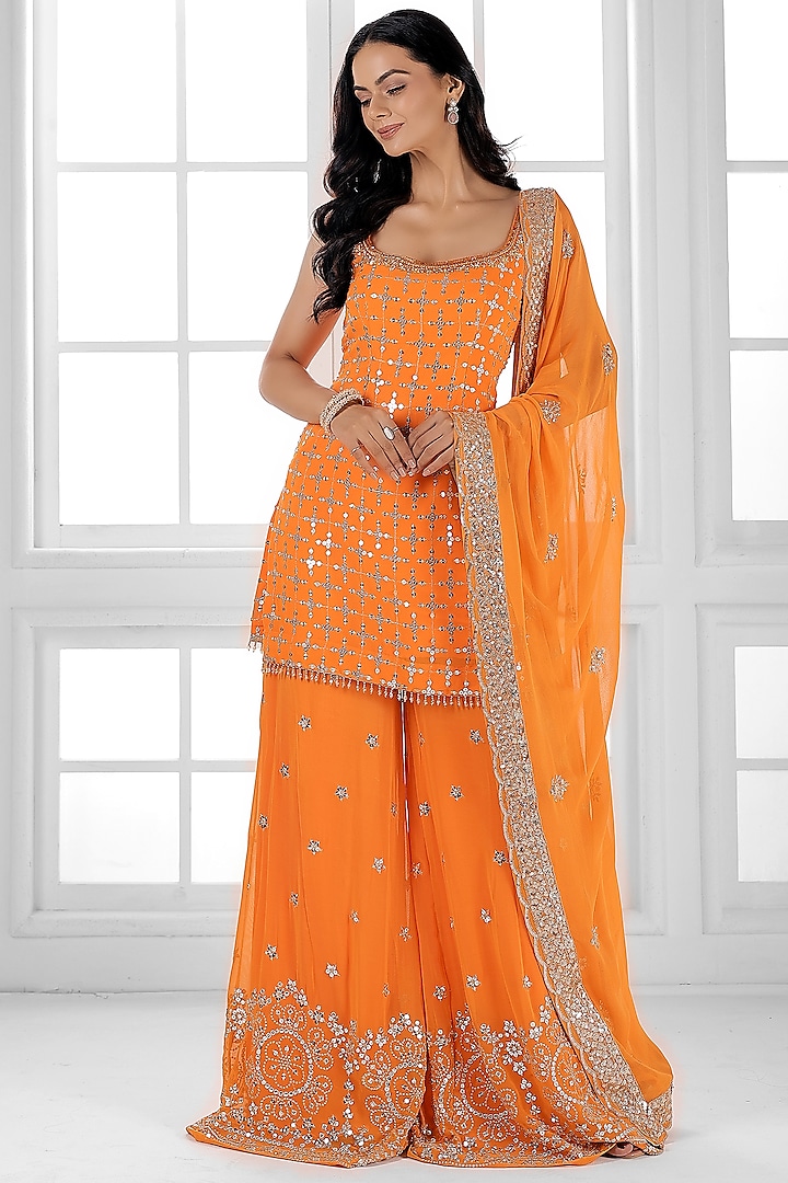 Orange Georgette Cutdana Embellished Party Wear Sharara Set by AJAY & PRIYANKA at Pernia's Pop Up Shop