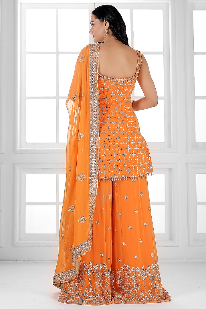 Orange Georgette Cutdana Embellished Party Wear Sharara Set by AJAY & PRIYANKA at Pernia's Pop Up Shop